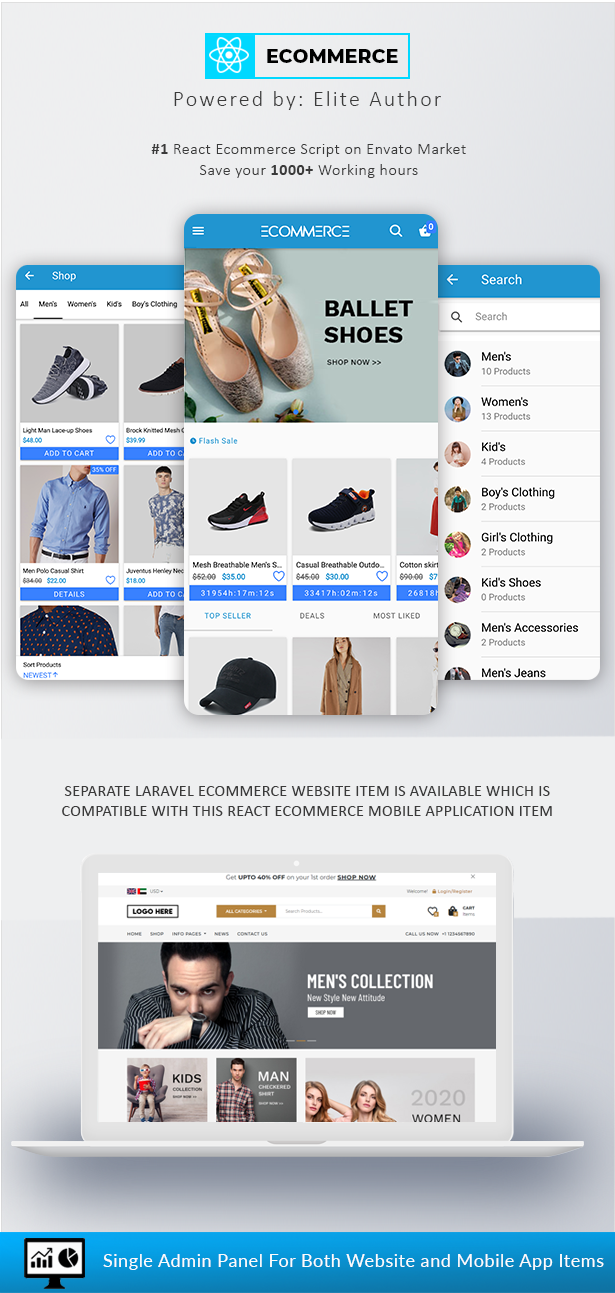 React Ecommerce - Universal iOS & Android Ecommerce / Store Full Mobile App with PHP Laravel CMS - 1